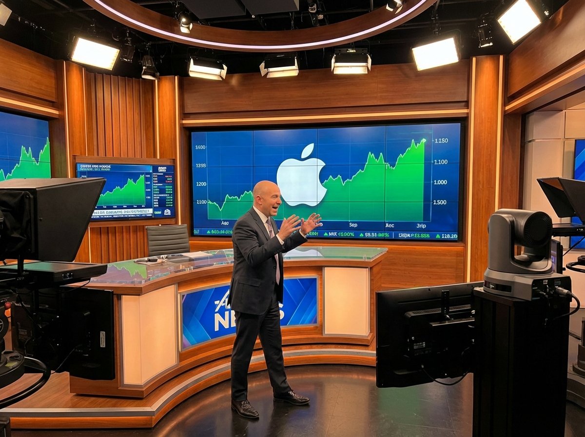A professional news studio setting showing a large screen with the Apple logo and rising stock market charts, Jim Cramer style financial broadcast atmosphere, high-end production, warm studio lighting, 4:3, no text