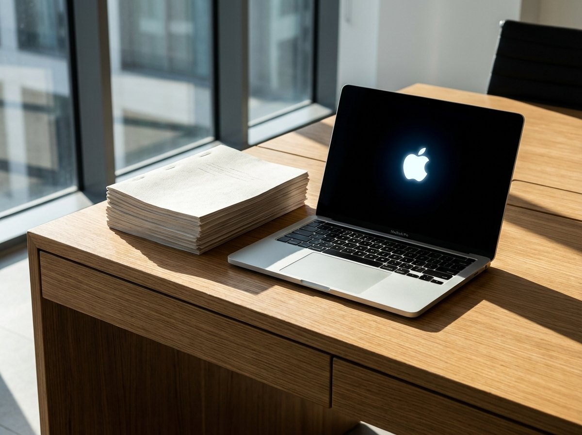 A sleek Apple logo on a high-end laptop next to a stack of official patent documents on a modern minimalist wooden desk in a bright office environment, high contrast, 4:3, no visible text