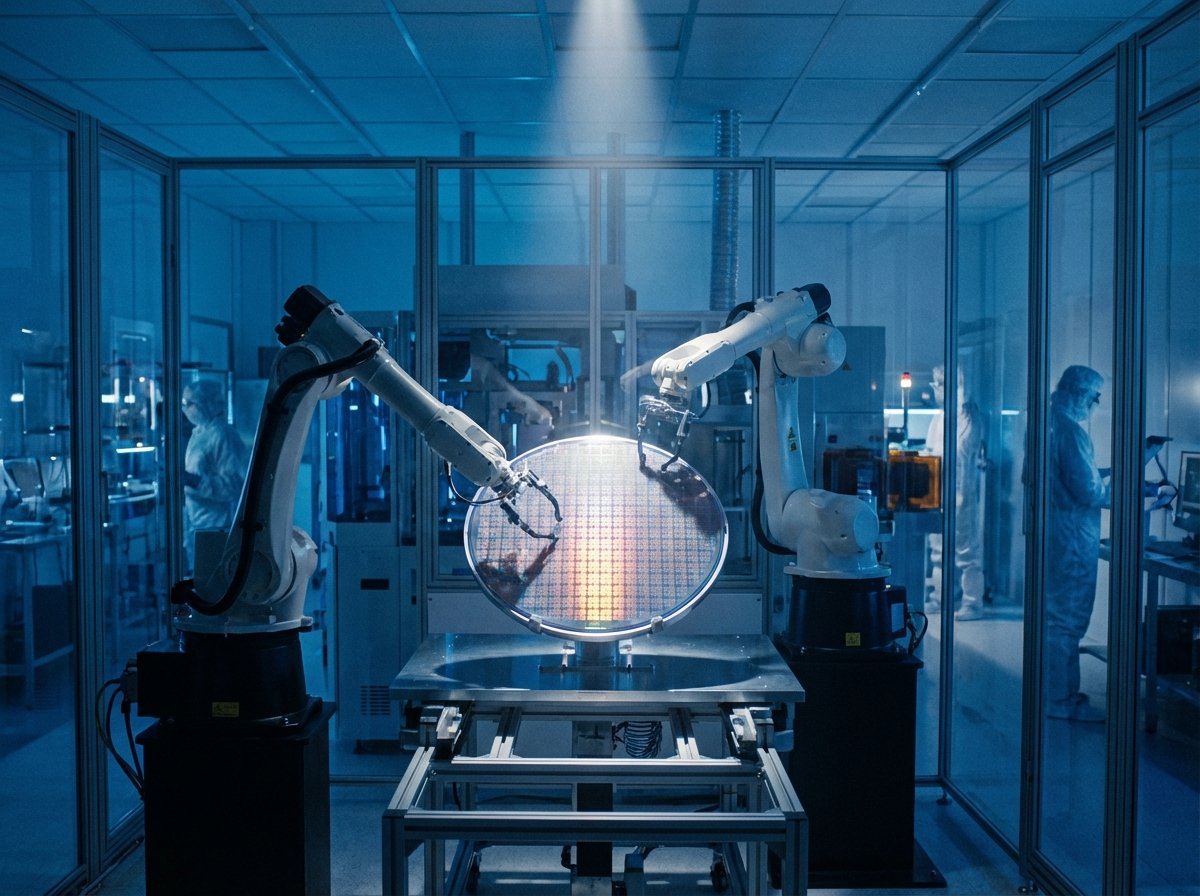 Inside a futuristic semiconductor cleanroom with blue ambient lighting, focusing on a silicon wafer being processed by robotic arms, cinematic lighting, 4:3, no visible text
