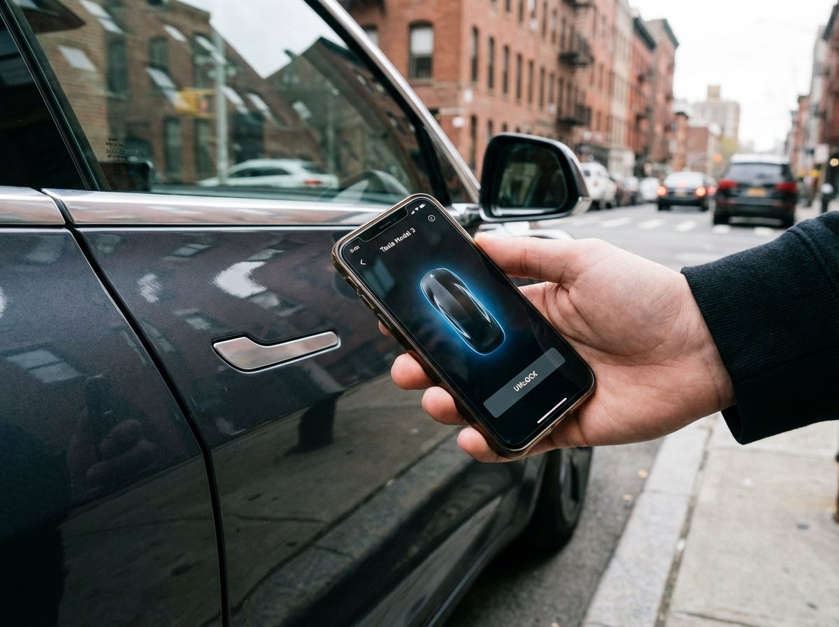 Realistic shot of a person's hand holding an iPhone close to a modern car door handle, the phone screen displaying a sleek digital car key interface, daylight, urban setting, high quality photography, 4:3