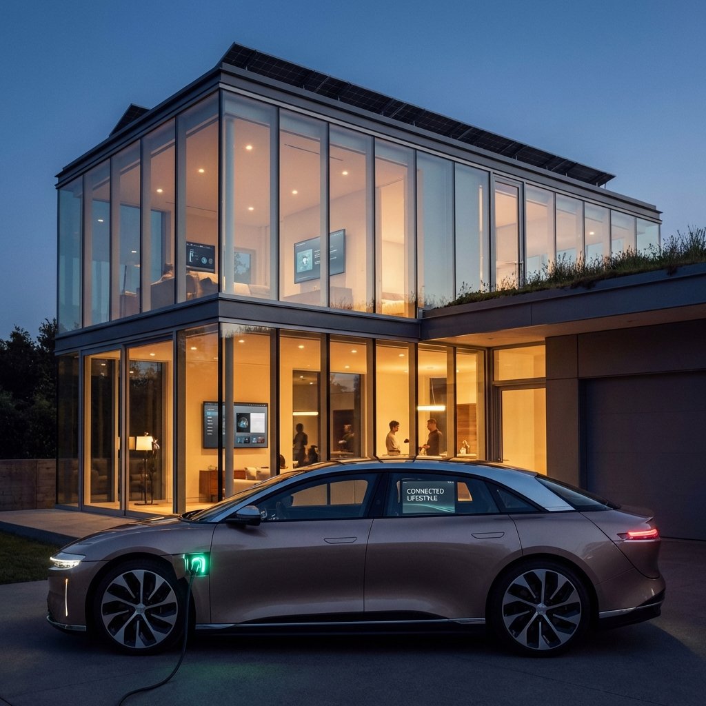 A sleek electric car parked in front of a modern glass-walled smart home at dusk, warm lighting from windows, symbolizing connected lifestyle, high contrast, 1:1