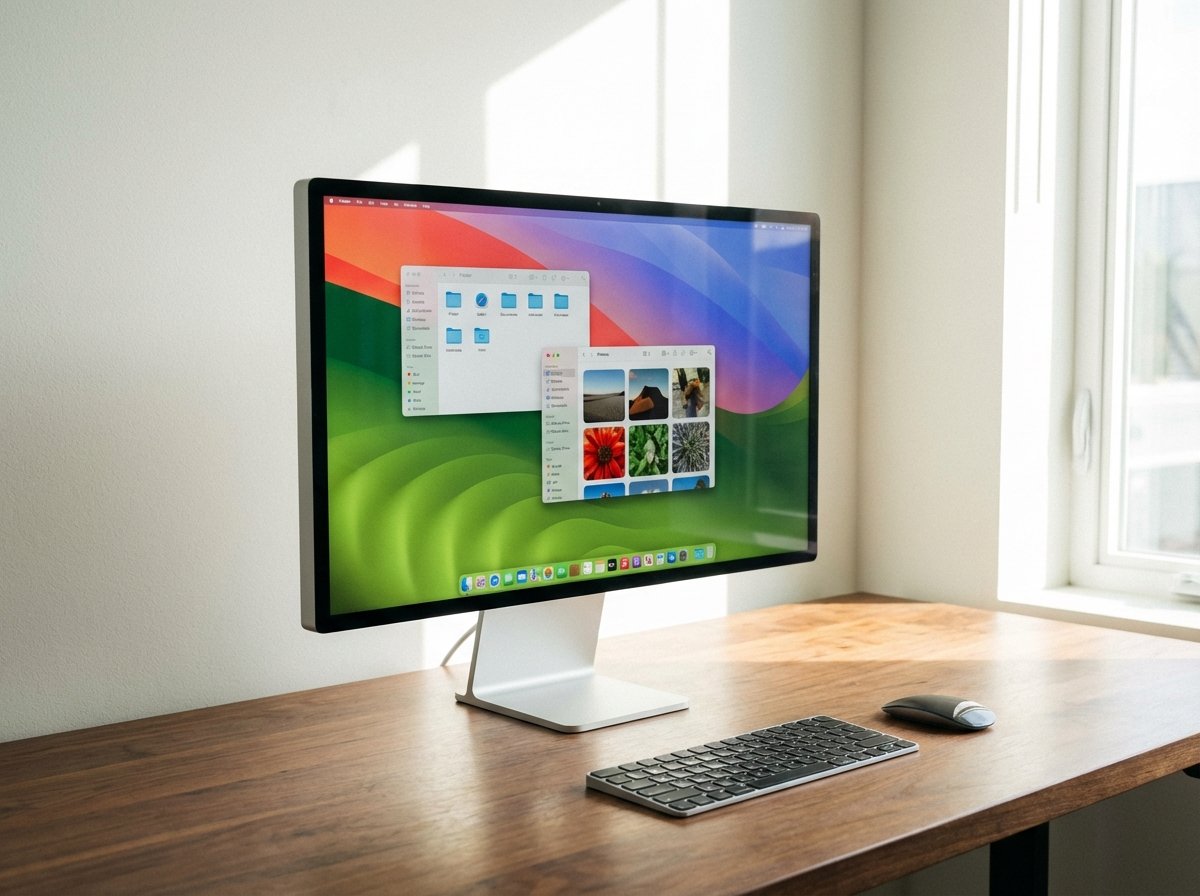 A modern sleek workspace featuring a high-resolution Apple Studio Display on a wooden desk. The screen shows the macOS Tahoe desktop interface with several open windows that have noticeably exaggerated rounded corners. The lighting is bright and professional with a minimalist aesthetic. Aspect ratio 4:3, no text.