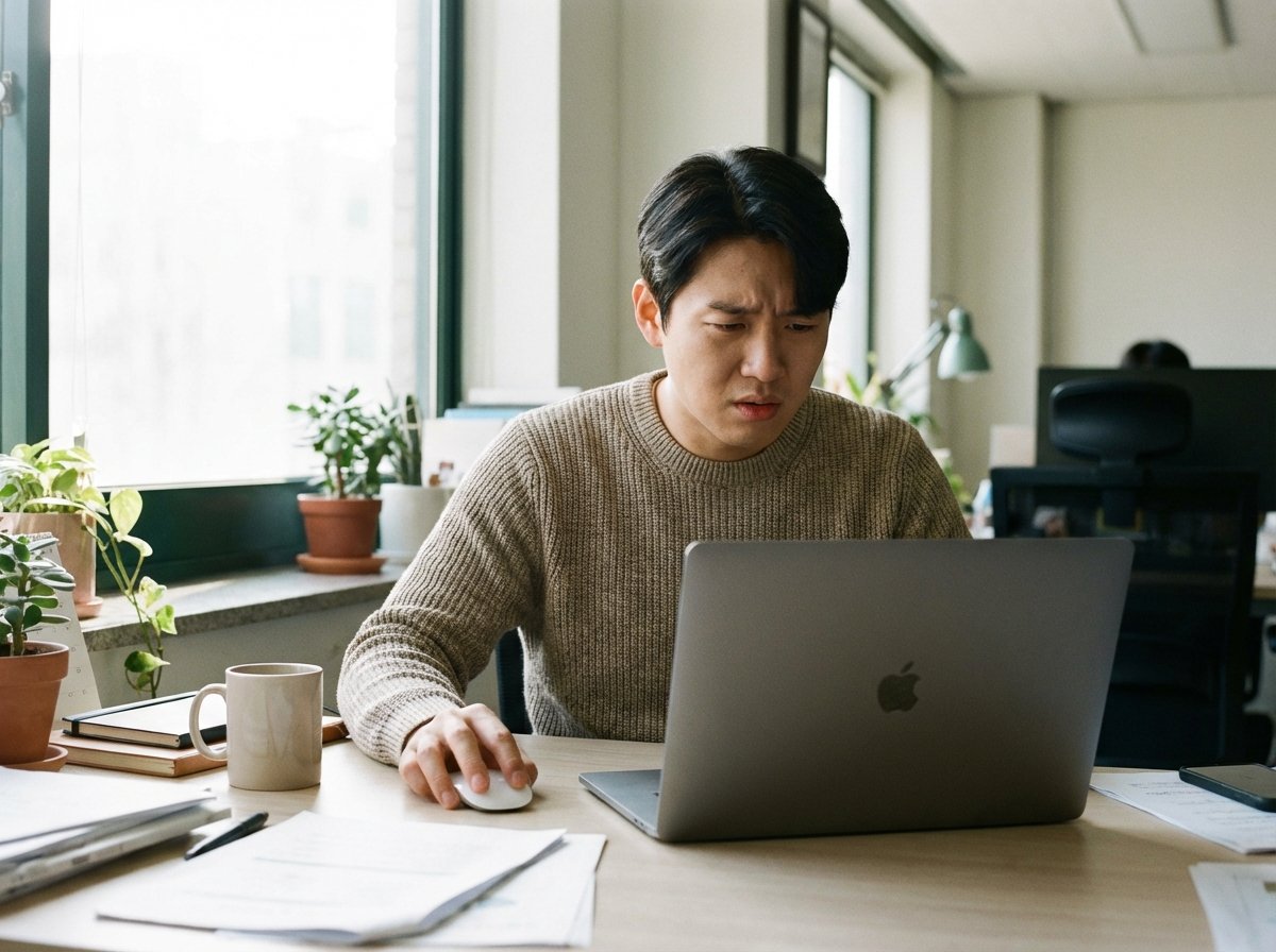 A Korean man in a casual office setting looking slightly confused and frustrated while using a MacBook Pro. He is focused on the screen, holding a mouse and trying to click a specific corner of a window. Natural daylight coming from a window, realistic lifestyle photography. Aspect ratio 4:3, no visible text.