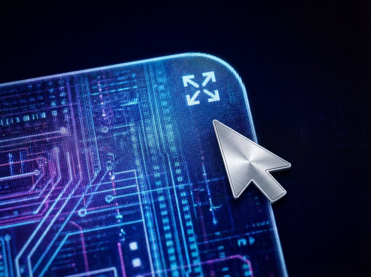 Close-up shot of a high-definition computer screen showing a stylized OS window corner with extreme rounded edges. A silver mouse cursor is hovering just outside the corner where the resize icon appears. High contrast, technical yet artistic rendering of a digital interface. Aspect ratio 4:3, no text.