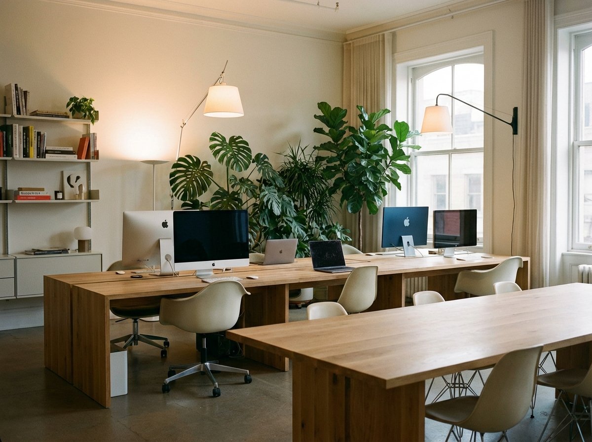 An aesthetic wide shot of a modern design studio with several Mac setups. Soft warm indoor lighting, plants in the background, creating a calm professional atmosphere. The focus is on the harmony of technology and workspace. Aspect ratio 4:3, no text.