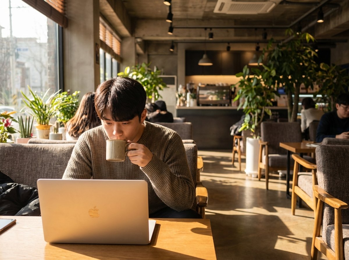 A young Korean man sitting in a sunlit cafe, focusing on his MacBook Pro, natural lighting, lifestyle photography, cozy atmosphere, 4:3 aspect ratio, no visible text.
