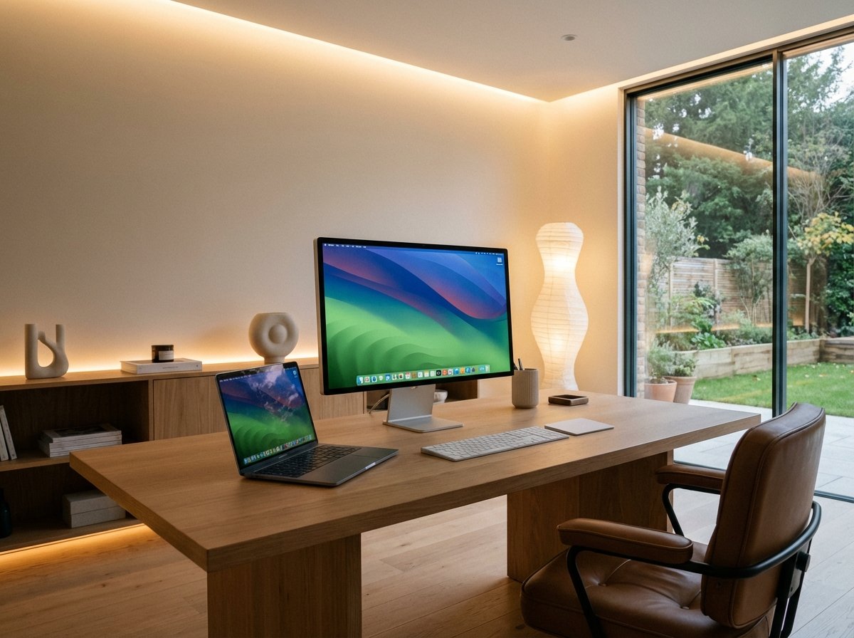 A modern and clean Apple-inspired office studio background with a desk, a monitor, and soft ambient lighting. Stylish and professional atmosphere, high resolution, 4:3 aspect ratio, no text.