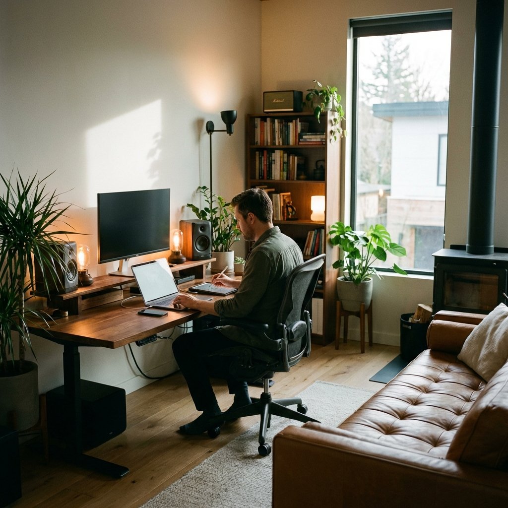 A professional creator working on a MacBook and iPad Pro in a modern and cozy studio, high-end creative workspace, cinematic lighting, 1:1 aspect ratio, no visible text