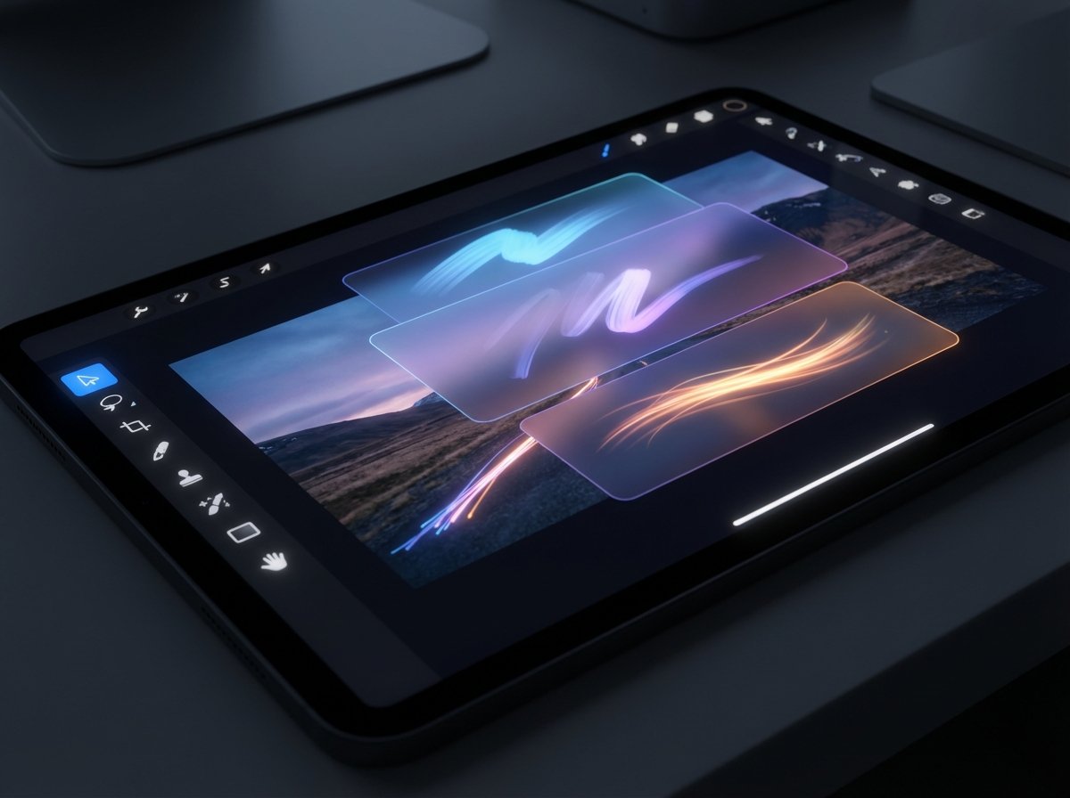 A sleek digital interface showing advanced AI photo editing tools, glowing light effects on image layers, modern software design, vibrant colors, 4:3 aspect ratio, no visible text