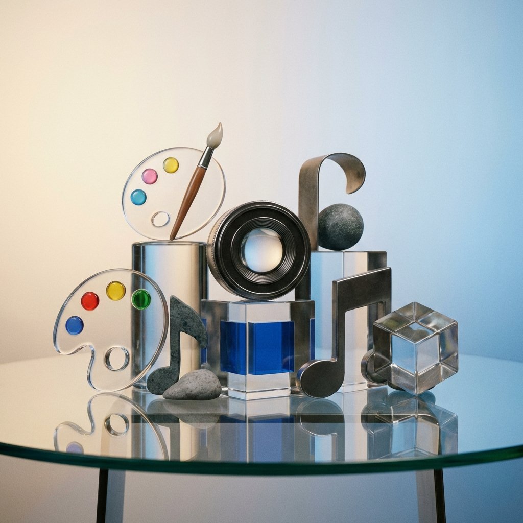 Creative software icons arranged artistically on a glass surface, professional aesthetic, soft gradient background, high contrast, 1:1 aspect ratio, no visible text