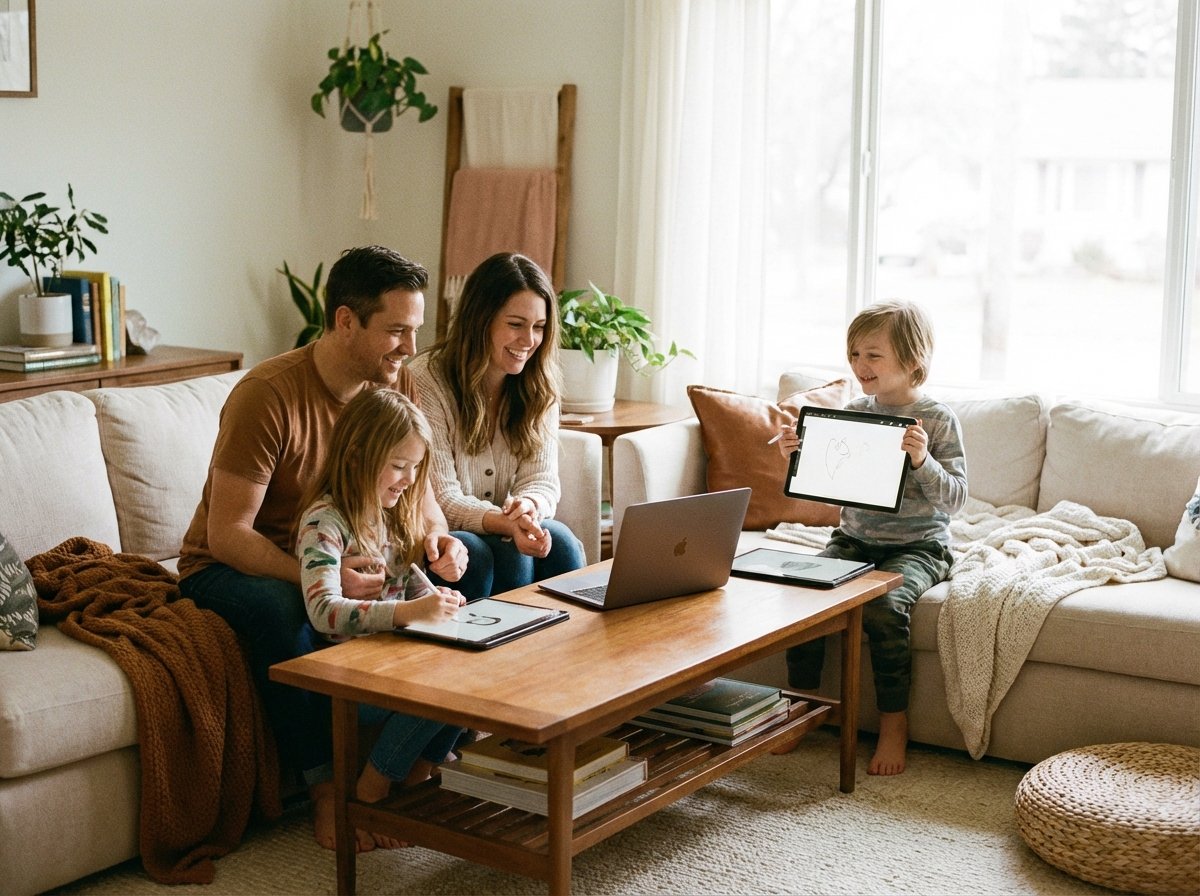 A happy family sharing a creative moment with digital devices in a warm living room, cozy lifestyle photography, natural lighting, 4:3 aspect ratio, no visible text