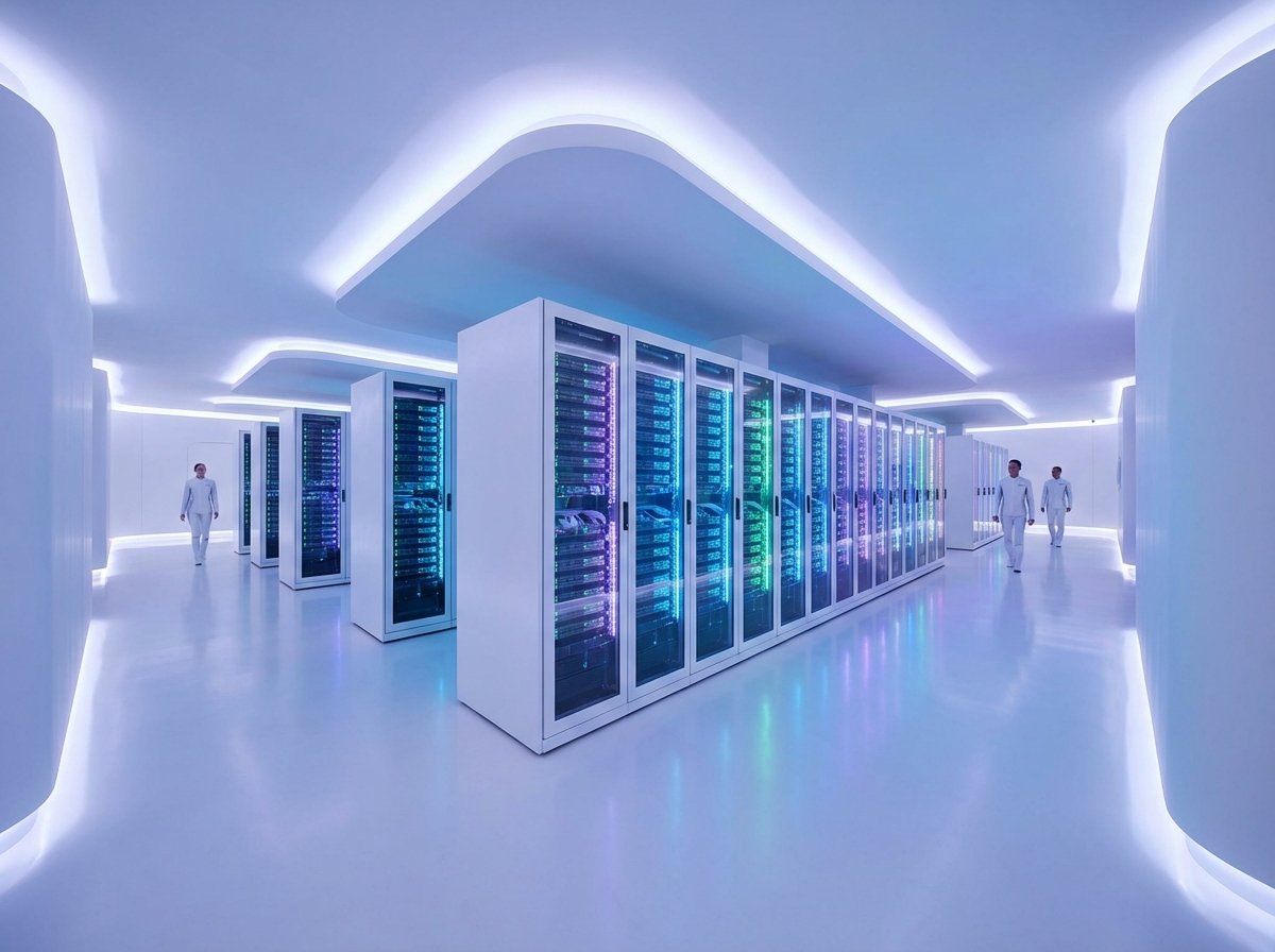 Wide interior shot of a futuristic data center, clean white corridors, soft ambient lighting, glowing server racks, minimalist design, 4:3 aspect ratio, no text