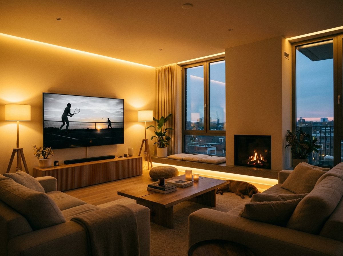 A modern living room with a large screen TV displaying a tennis match silhouette, cozy evening mood with warm ambient lighting, realistic interior design, 4:3 aspect ratio, serene atmosphere, no text.