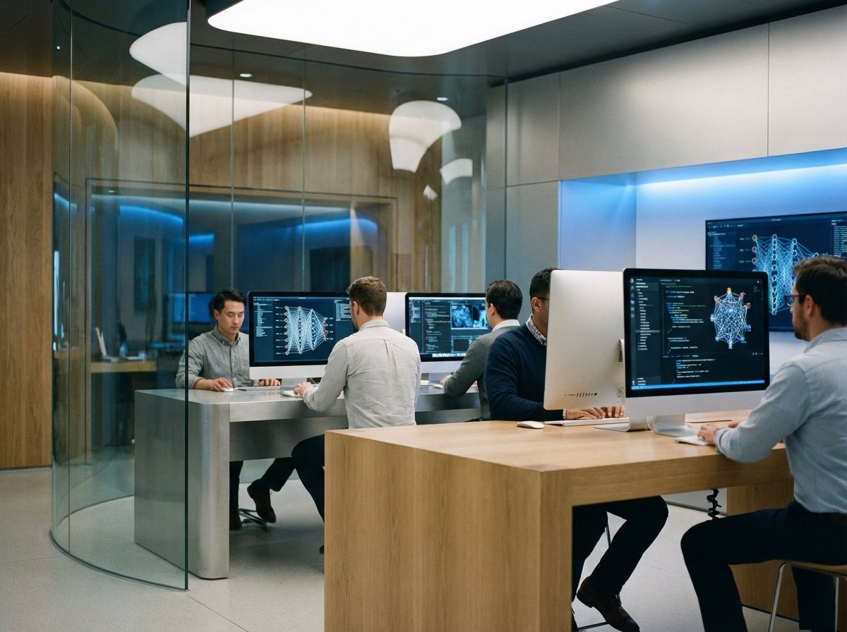 Professional tech engineers working on multiple sleek monitors showing complex neural network visualizations and code. The environment is a high-tech Apple-style laboratory with soft blue lighting. 4:3 aspect ratio, no visible text.