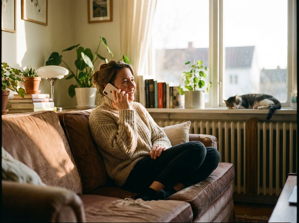 A person sitting on a comfortable sofa in a warm sunlit living room talking naturally to their iPhone. The person looks relaxed and happy. Cinematic lighting and cozy atmosphere. 4:3 aspect ratio, no visible text.