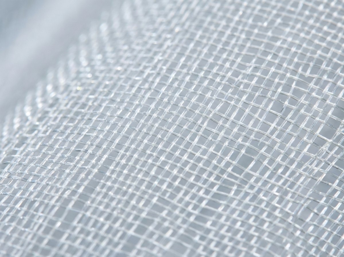 Macro photography of high-end glass fiber cloth used in semiconductor manufacturing, showing incredibly thin and perfectly round translucent fibers woven together in a precise grid pattern, soft studio lighting to highlight the texture, 4:3 aspect ratio, no text.
