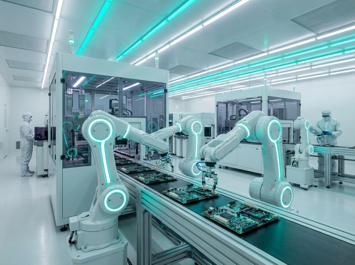 Inside a futuristic semiconductor cleanroom with robotic arms and advanced machinery assembling intricate circuit boards, bright and clean environment with teal and white lighting, high-tech atmosphere, 4:3 aspect ratio, no text.