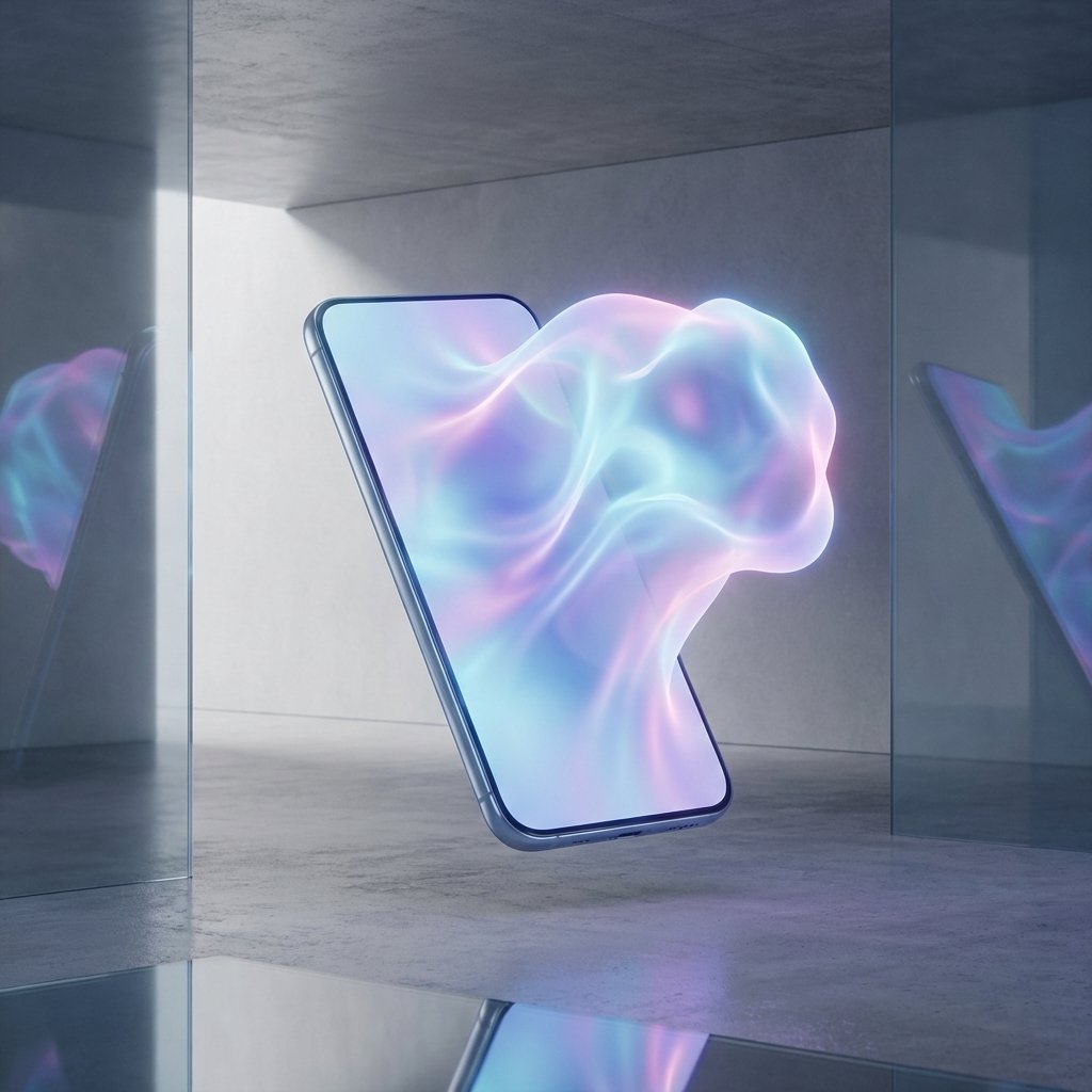 A sleek, modern smartphone floating in a minimalist space, glowing with a vibrant, ethereal AI assistant visualization composed of soft blues, purples, and pinks. No text, high-tech aesthetic, cinematic lighting, 1:1 aspect ratio.