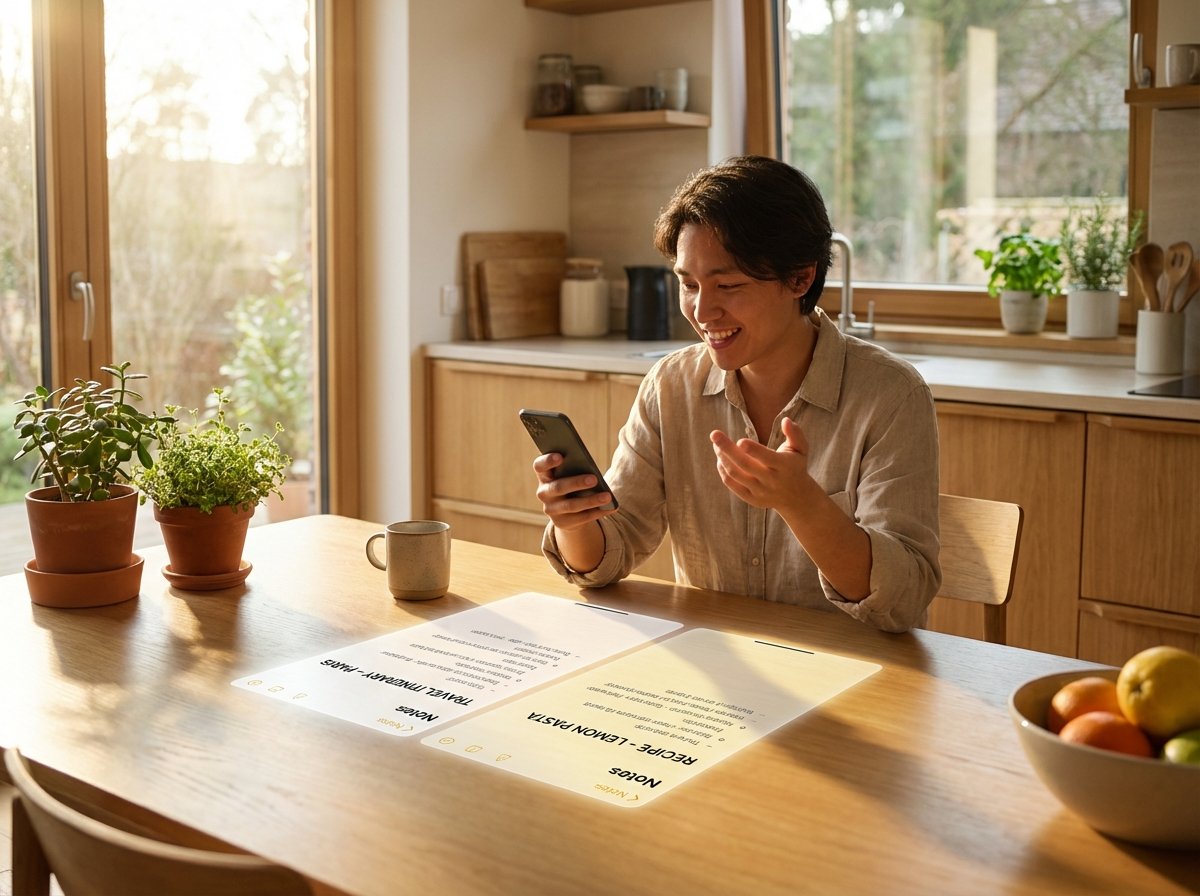 A person sitting in a sunlit modern kitchen, holding an iPhone and speaking naturally. On the table is a digital translucent overlay showing a travel itinerary and a recipe in the Notes app. Lifestyle photography, warm lighting, natural setting, 4:3 aspect ratio.