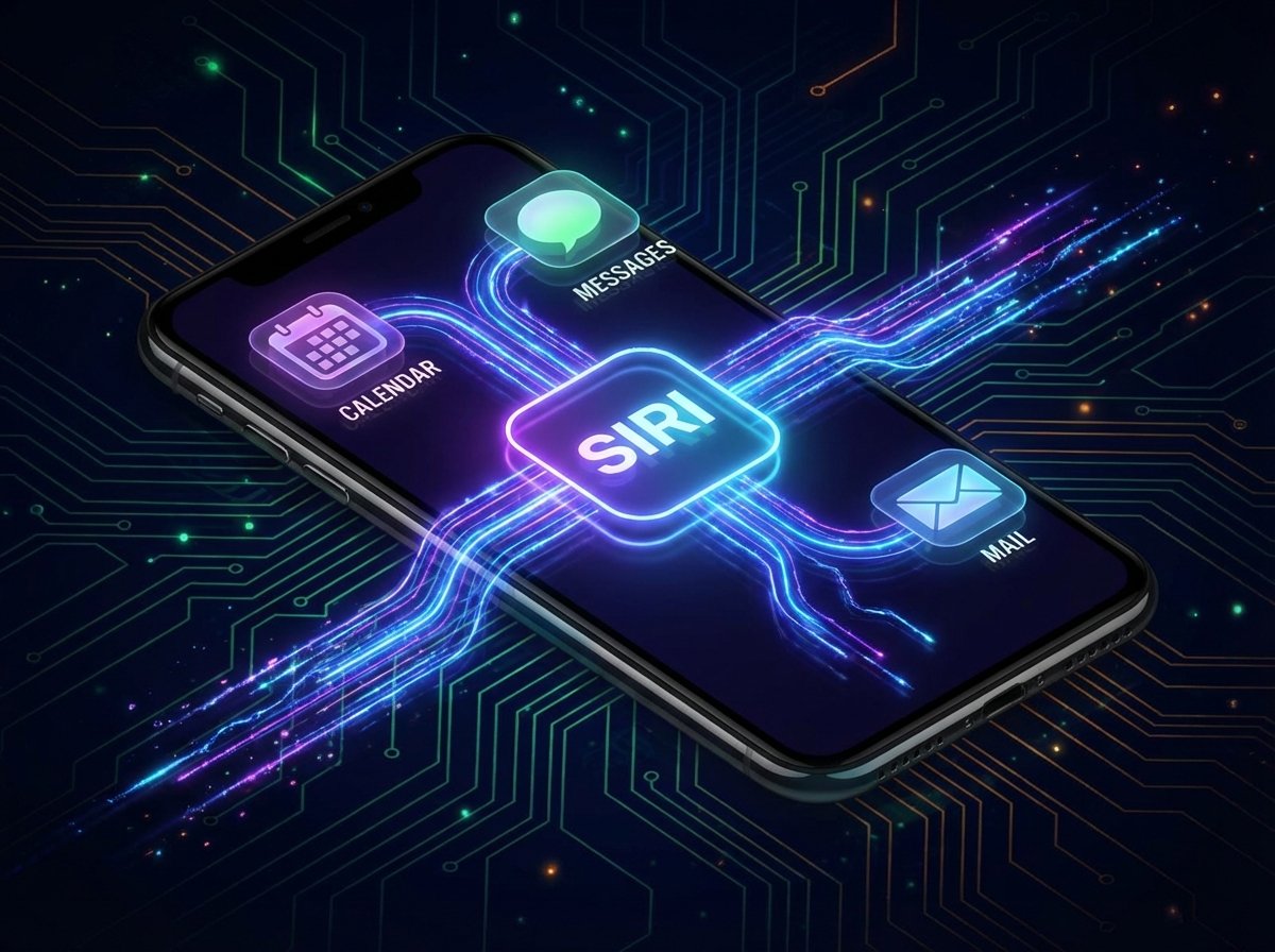 An abstract representation of a smartphone interface where app icons like Calendar, Messages, and Mail are interconnected by glowing light paths to a central Siri icon. Digital art style, dark background with neon accents, tech-focused, 4:3 aspect ratio.