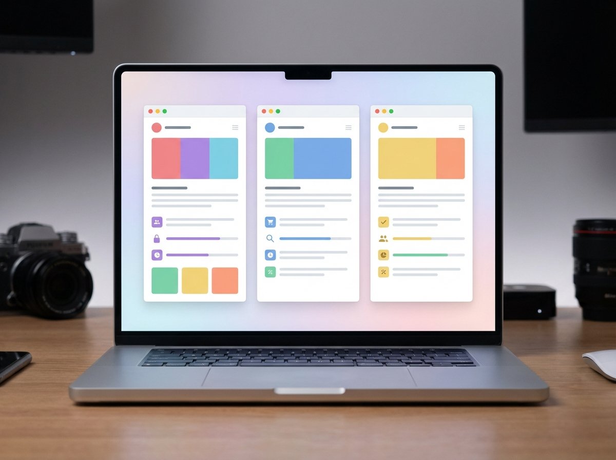A sleek laptop screen displaying a side-by-side comparison of three different text response windows, clean UI design, soft studio lighting, professional tech environment, 4:3 aspect ratio, no visible text.
