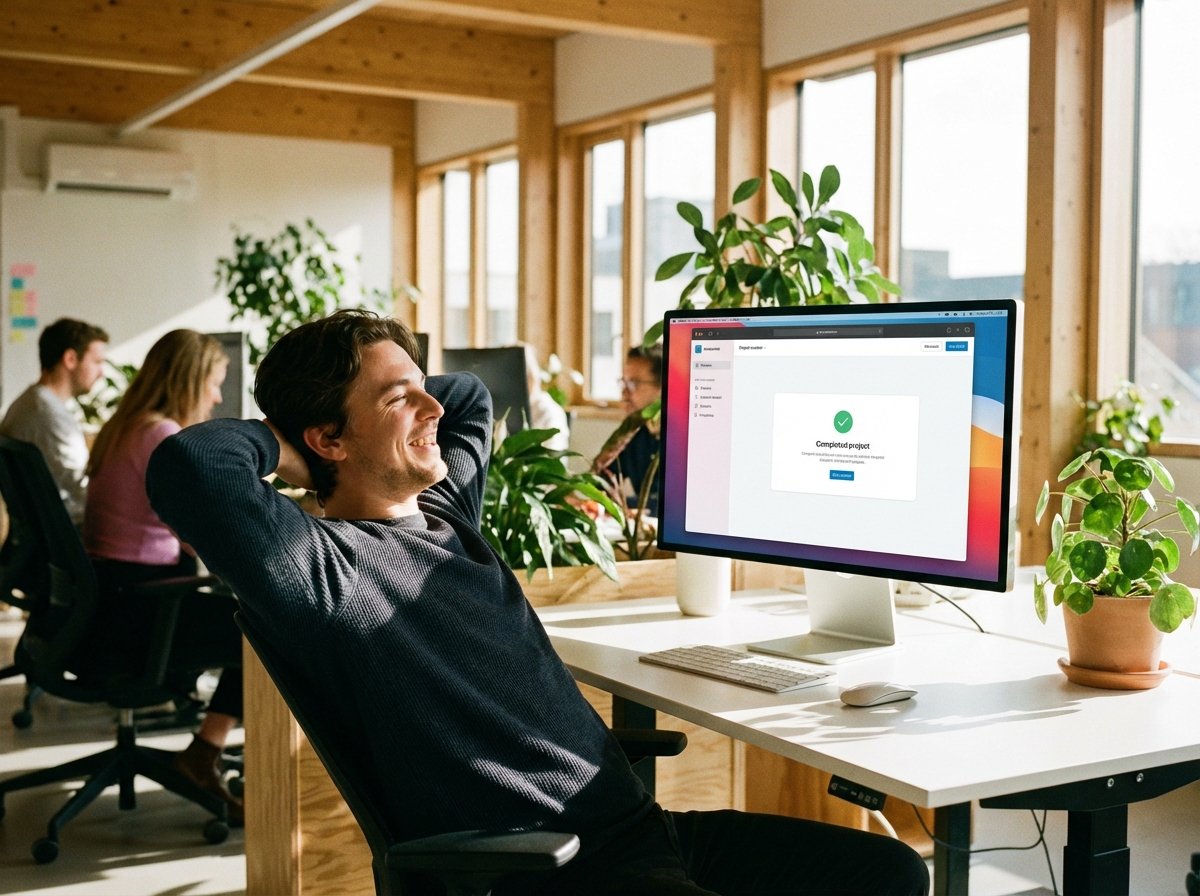 A person looking happy and relieved while working at a computer in a bright modern office, visualizing high productivity and ease of use, warm professional lighting, 4:3 aspect ratio, no visible text.