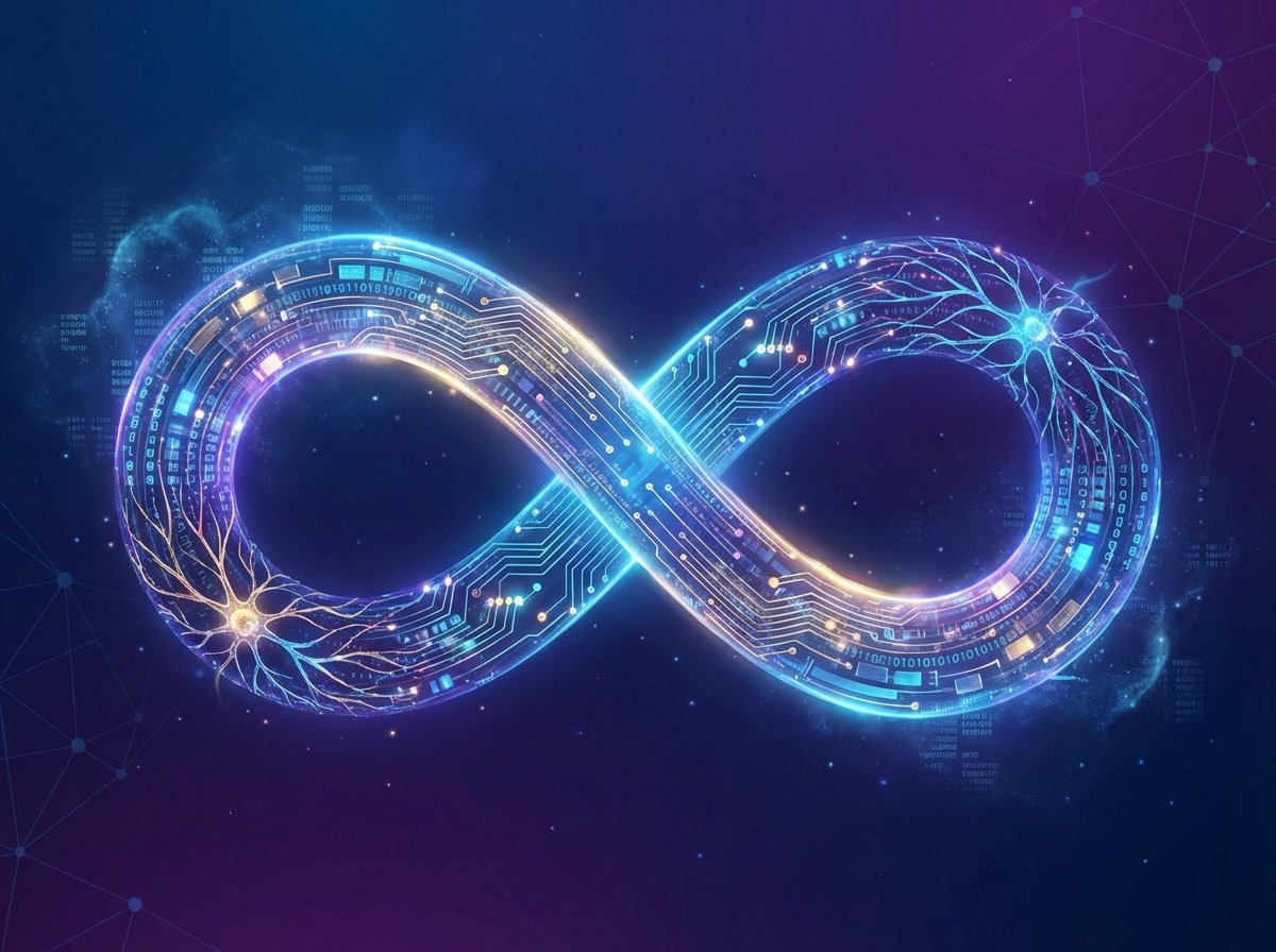 A conceptual illustration of an infinity symbol glowing with digital data patterns and neural network connections, high-tech aesthetic, deep blue and purple gradient background, 4:3 aspect ratio, no visible text.