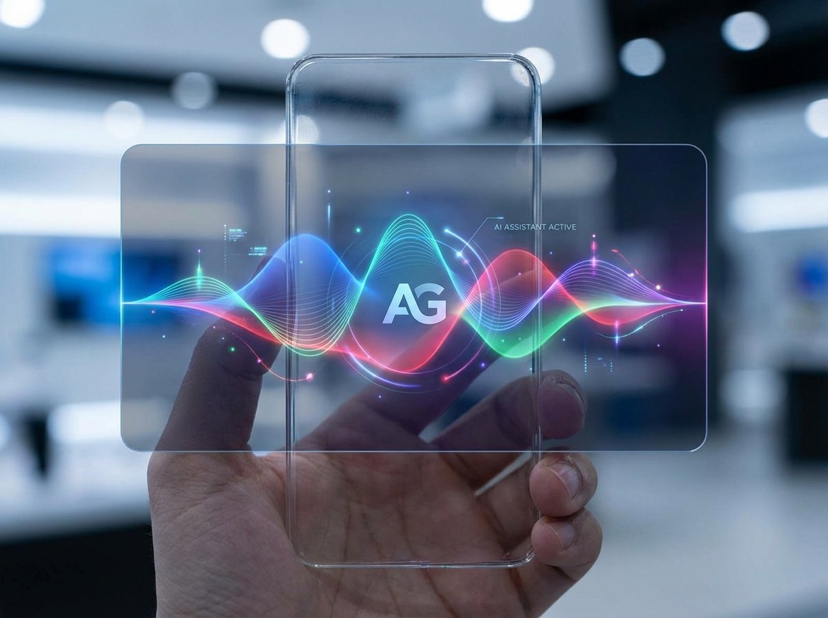 A futuristic iPhone screen displaying a vibrant and glowing AI wave interface blending Apple and Google Gemini colors, high-tech and clean aesthetic, centered focus, 4:3