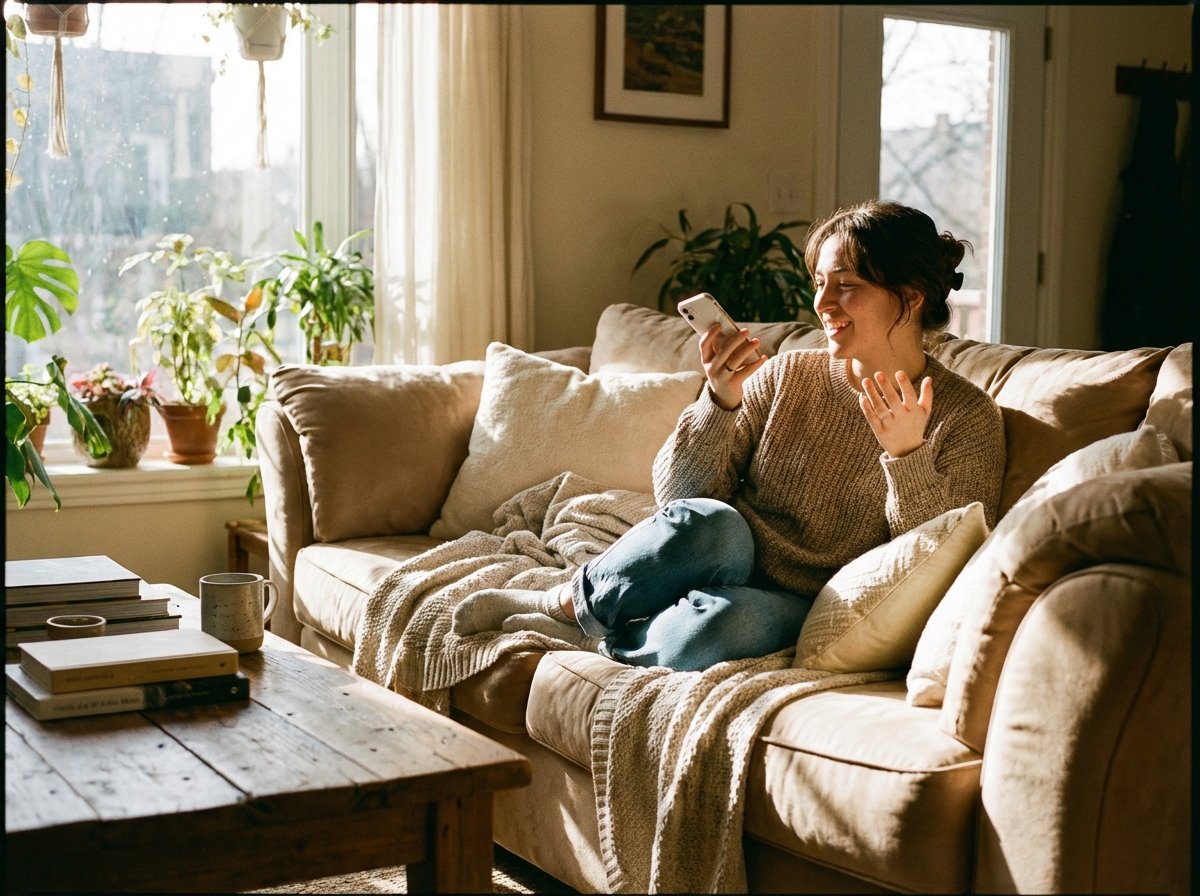 A person relaxing on a cozy sofa in a sunlit living room talking naturally to an iPhone, warm lifestyle photography, natural lighting, 4:3