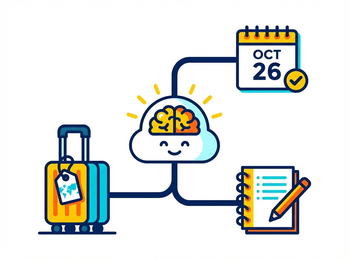 A clean infographic-style illustration showing an AI assistant icon connected to icons of a calendar, suitcase, and notepad, modern layout, high contrast, 4:3