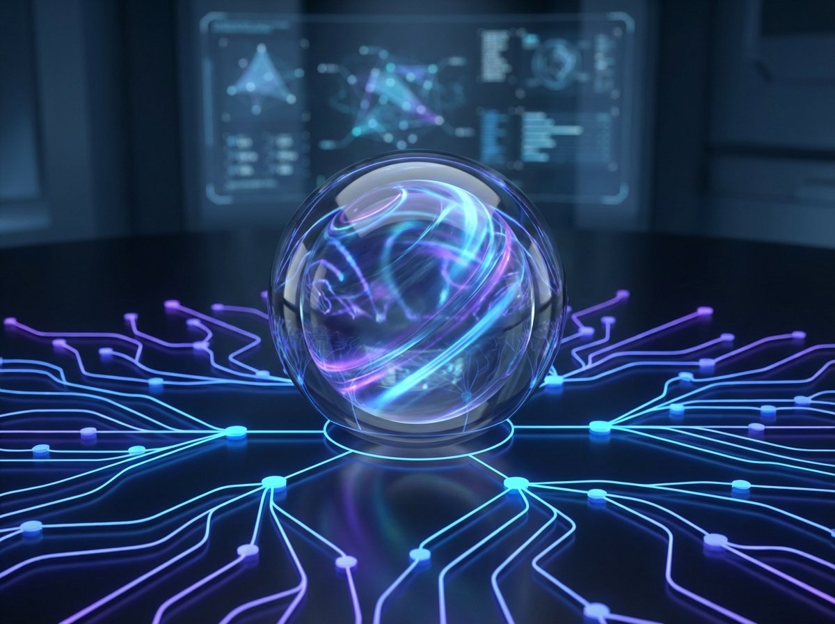 A futuristic concept of the Apple Siri orb glowing with vibrant purple and blue energy, merging with a sleek Google Gemini AI neural network pattern, high-tech and elegant digital interface, 4:3, no visible text