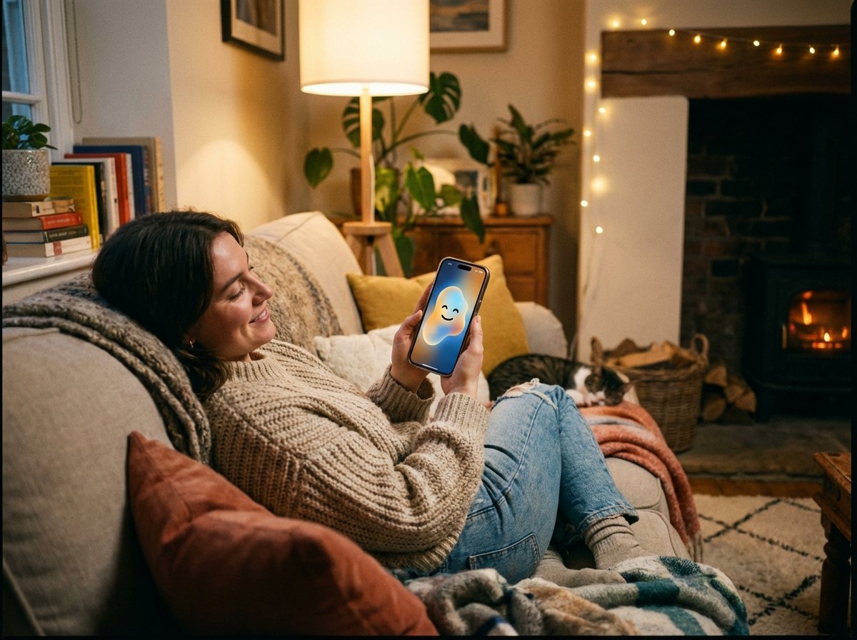 A person sitting on a cozy sofa holding an iPhone, warm indoor lighting, a friendly and glowing AI interface on the screen, peaceful atmosphere, realistic lifestyle photography, 4:3, no visible text