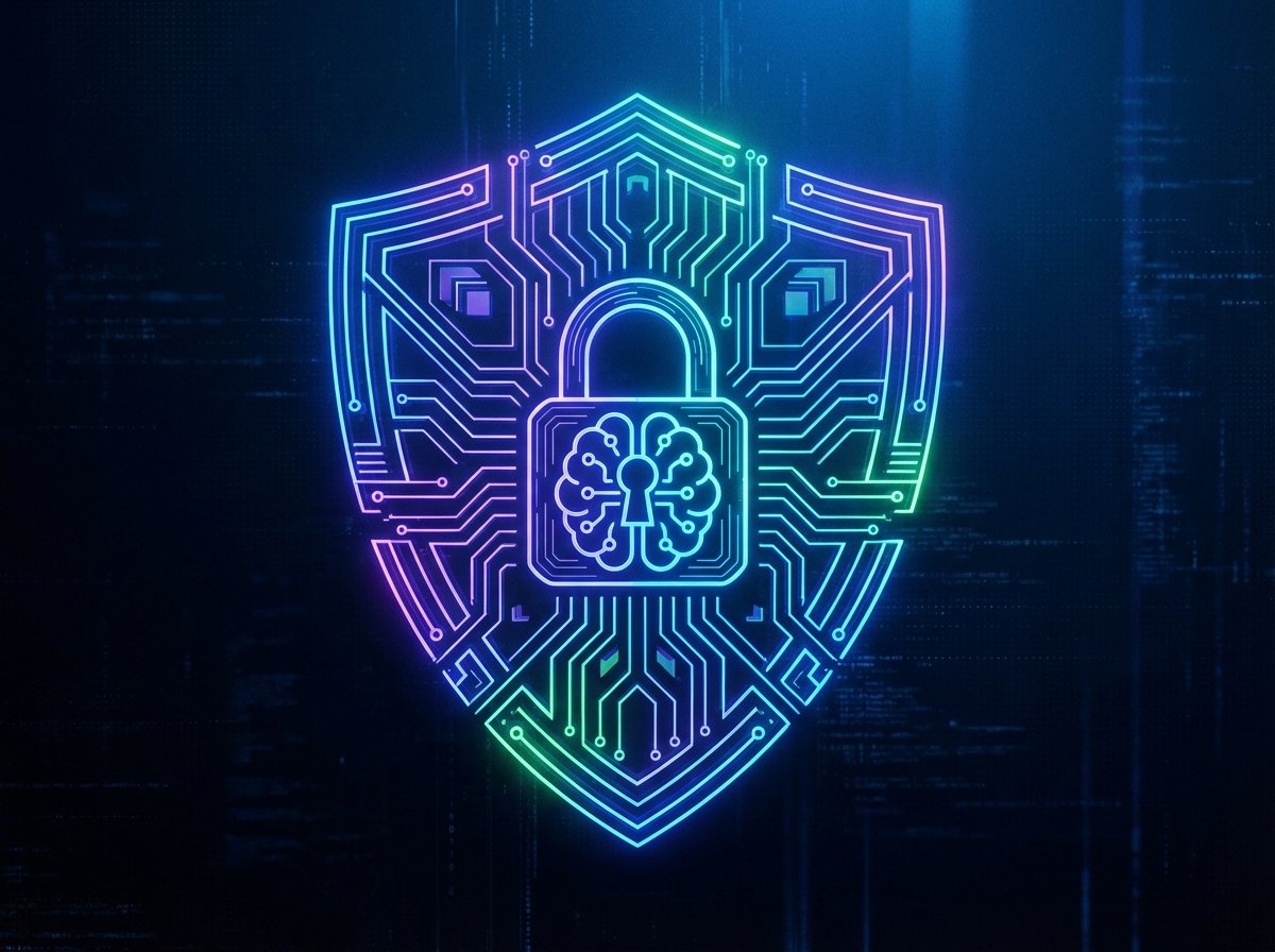 Digital illustration of a shield combined with a circuit pattern, glowing neon lines, dark background with subtle blue gradients, representation of data security and AI, 4:3, no visible text