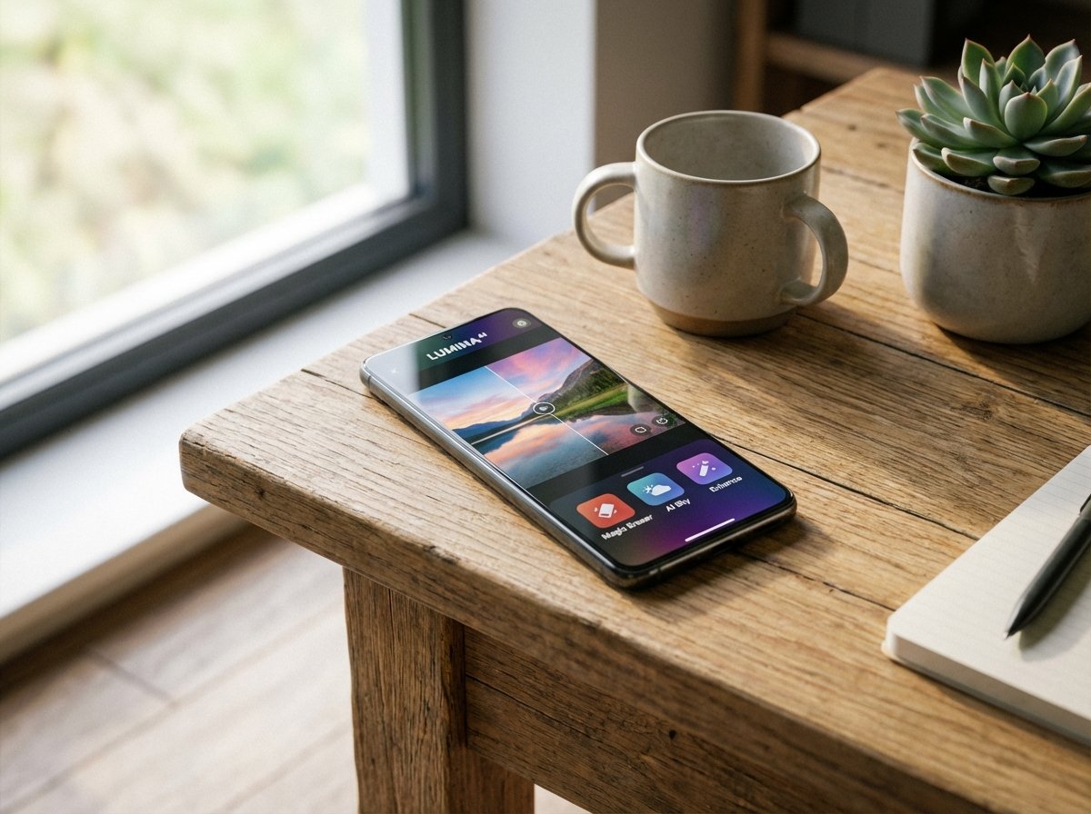 A sleek modern smartphone on a wooden desk showing a vibrant photo editing app interface with AI tools, soft natural lighting from a nearby window, high quality lifestyle photography, 4:3