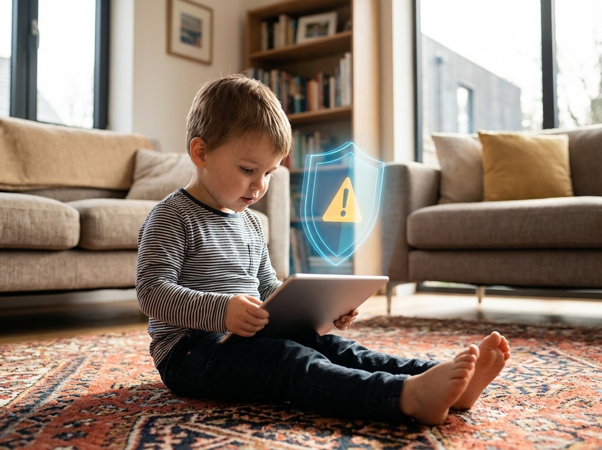 A young child playing games on a tablet, a digital shield icon with a warning symbol floating above the screen, modern living room background, 4:3, no text, realistic photography style