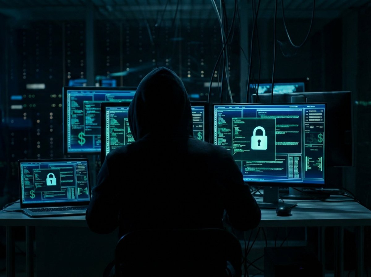 A dark silhouette of a person sitting in front of multiple computer monitors showing login screens and dollar signs, cyber security theme, low key lighting, 4:3, no text