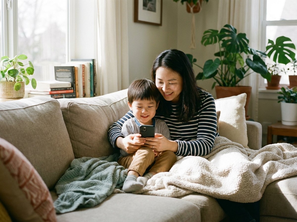 A Korean mother and her young son sitting together on a sofa looking at a smartphone screen with smiles, warm and safe home atmosphere, lifestyle photography, 4:3, no text