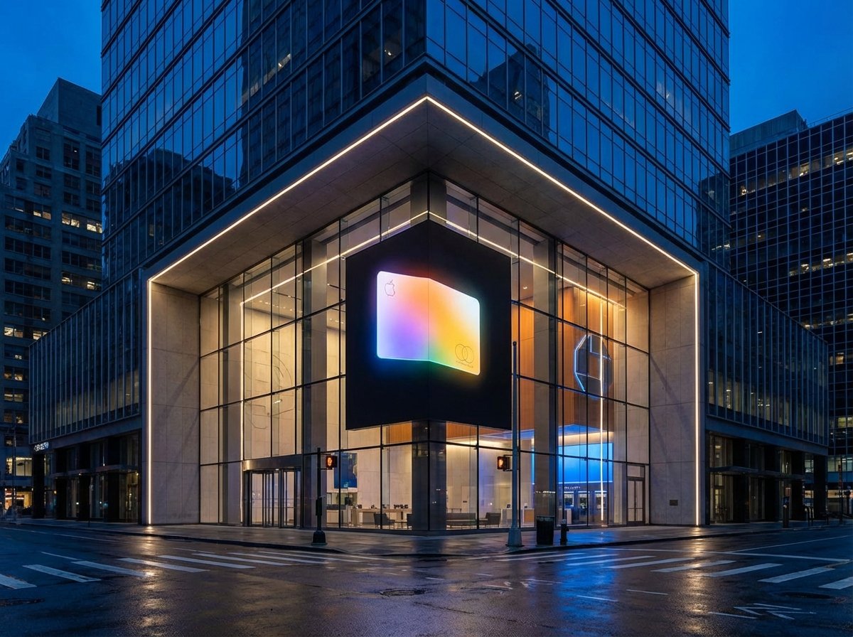 A modern JPMorgan Chase bank building exterior with a sleek Apple Card integrated into a digital display in front of it. Professional architectural photography, high contrast, blue hour lighting, 4:3 aspect ratio, no text.