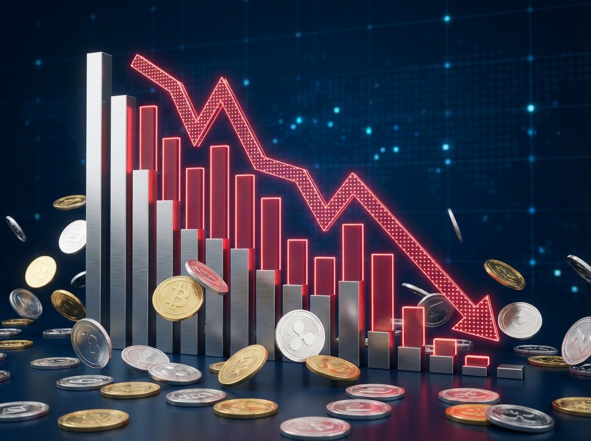 A 3D rendered financial chart showing a downward trend line. Scattered silver and gold coins on a dark blue background. Professional fintech aesthetic, 4:3 aspect ratio, no text.