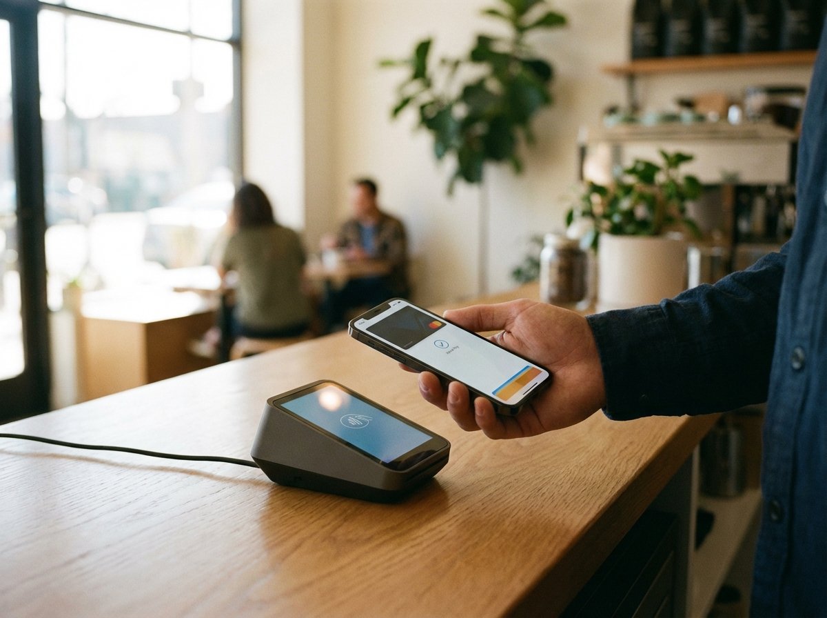 A person using an iPhone for a contactless payment at a modern cafe. Close-up on the phone and the payment terminal. Warm natural lighting, lifestyle photography, 4:3 aspect ratio, no text.