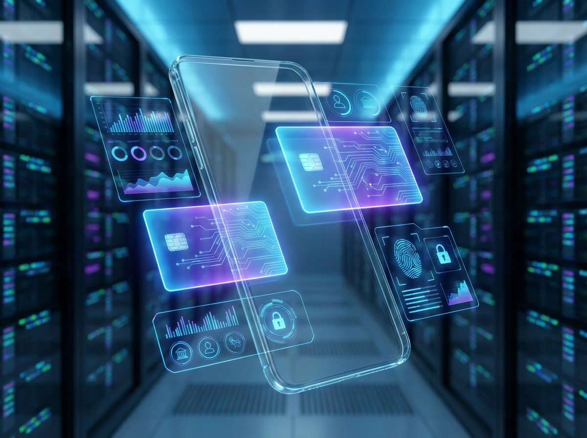 A futuristic smartphone floating in the air with digital credit card holograms and banking app interface elements around it. High-tech, blue and purple glow, 4:3 aspect ratio, no text.