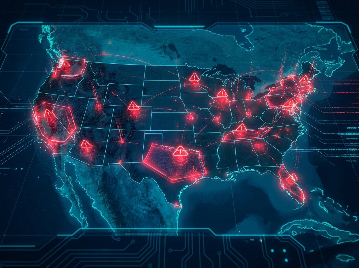 A professional digital map showing nationwide cellular network outage zones across the United States with glowing red alert icons, high-tech interface style, 4:3 aspect ratio, no text.