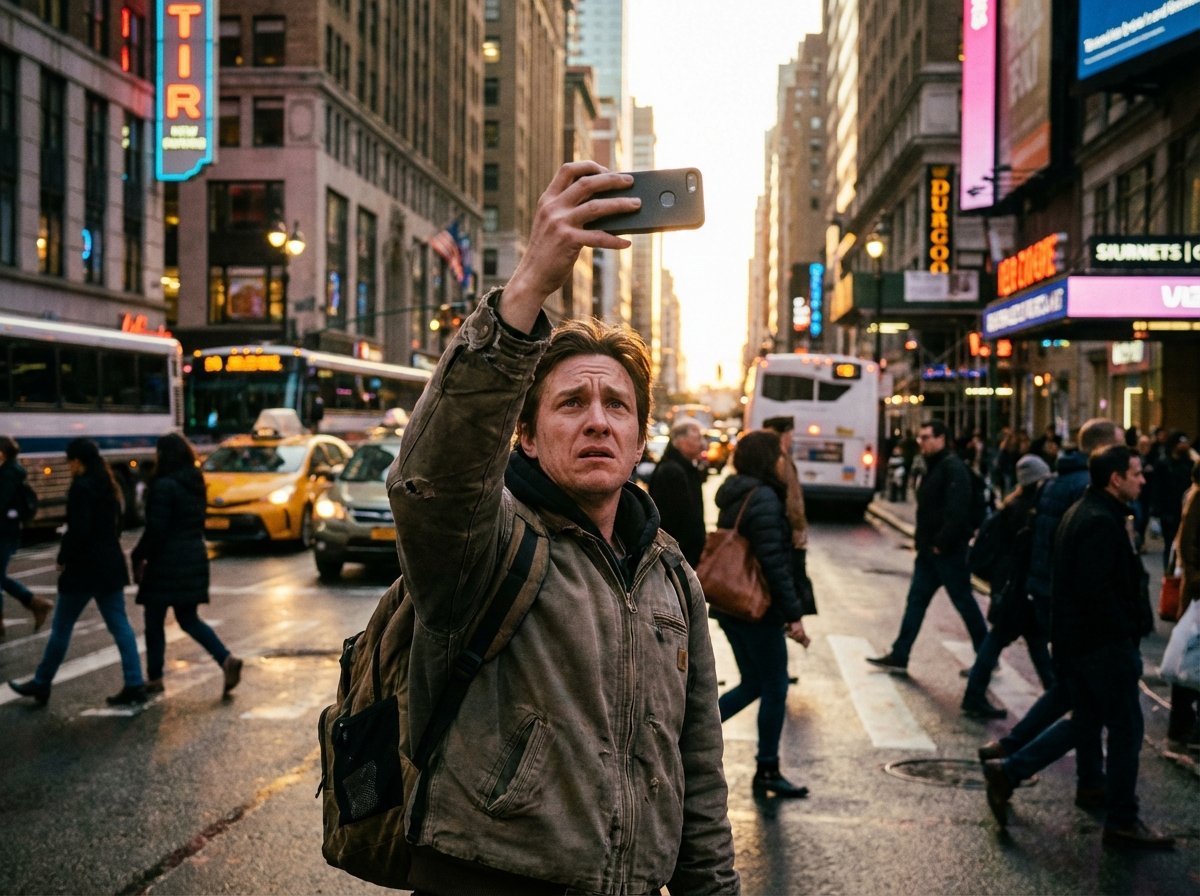 A person standing on a busy street looking at their phone with a concerned expression, holding the device up to search for a signal, cinematic lighting, realistic setting, 4:3 aspect ratio, no text.