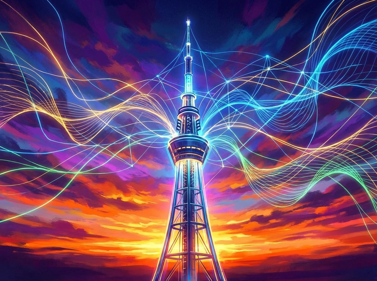 A modern telecommunications tower against a sunset sky with abstract glowing connection lines representing cellular signals, digital art style, high contrast, 4:3 aspect ratio, no text.