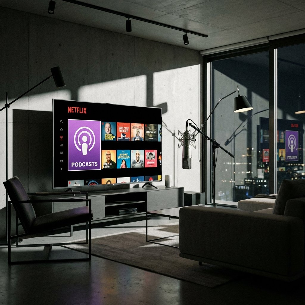 A sleek and modern living room with a large smart TV displaying a Netflix interface with a dedicated podcast category. Next to the TV is a professional studio microphone. High contrast lighting, cinematic atmosphere, 1:1 aspect ratio, no visible text.
