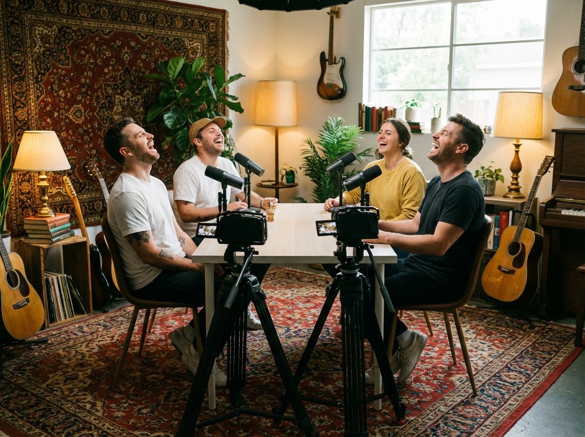 A cozy and creative garage converted into a podcast studio with professional cameras and microphones. A group of trendy people are having a candid and laughter filled conversation. Warm and natural lighting, lifestyle photography style, 4:3 aspect ratio, no visible text.
