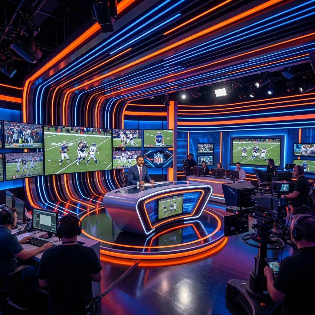A high-tech sports broadcasting studio with vibrant orange and blue lighting. Professional host sitting at a desk with multiple monitors showing football plays. Energetic atmosphere, cinematic layout, 1:1 aspect ratio, no visible text.