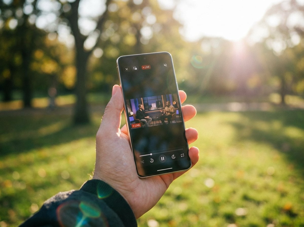 Close up of a person holding a modern smartphone in a bright outdoor park. The screen shows a streaming video player interface with a podcast playing. Natural sunlight, shallow depth of field, realistic lifestyle photography, 4:3 aspect ratio, no visible text.