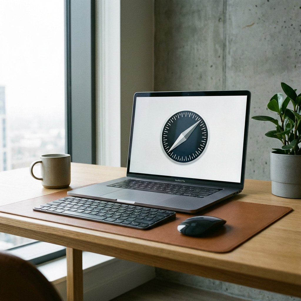 A sleek, modern desk setup with a MacBook Pro. On the screen, the Apple Safari logo is displayed elegantly. The lighting is soft and natural from a nearby window, creating a professional and clean atmosphere. No text, 1:1 aspect ratio.