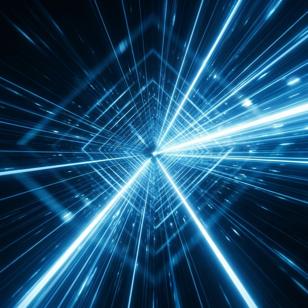 Abstract representation of high-speed data transfer and browser performance. Glowing blue and white lines moving fast through a dark digital tunnel. Clean, futuristic, high-tech aesthetic. No text, 1:1 aspect ratio.